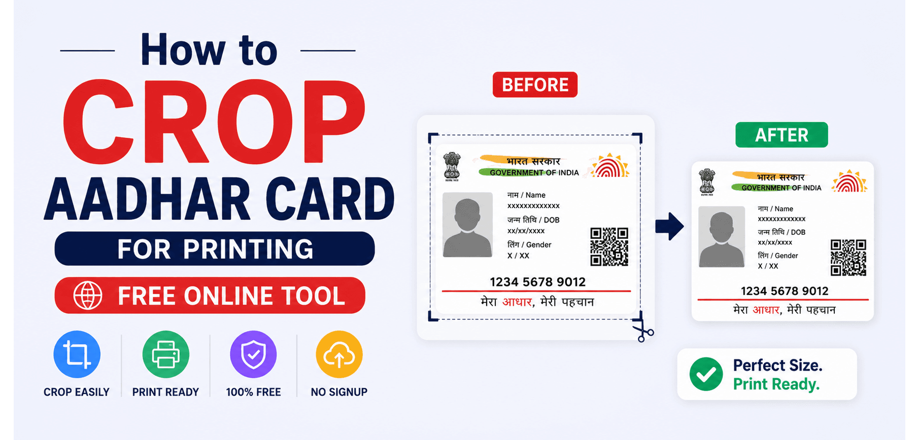 Illustration showing an e-Aadhar PDF being cropped into standard wallet-size ID dimensions