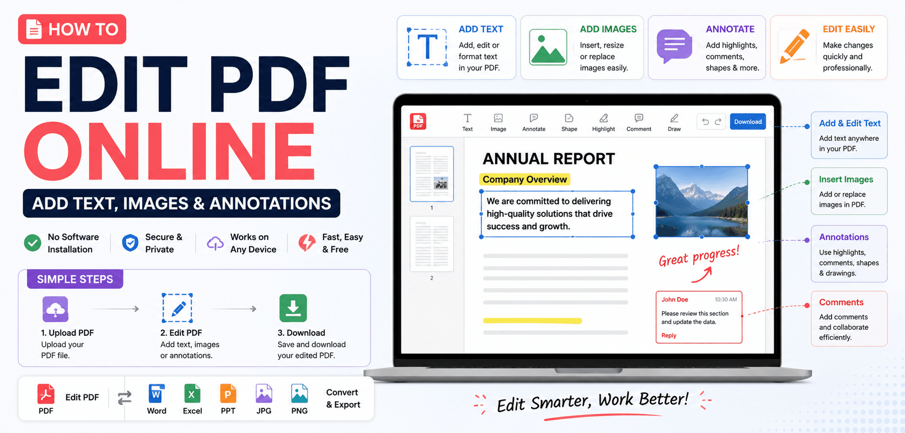 Visual guide demonstrating how to modify vector text and replace images within a PDF document