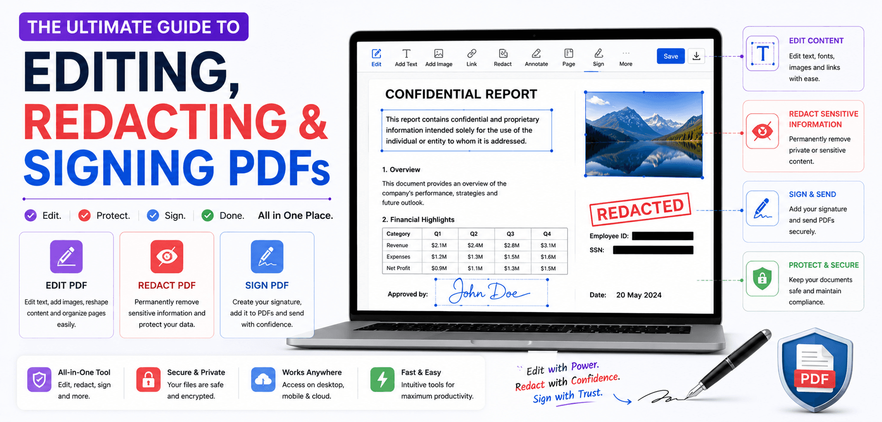 Visual guide demonstrating the full suite of PDF editing tools including text modification, redaction, and e-signatures