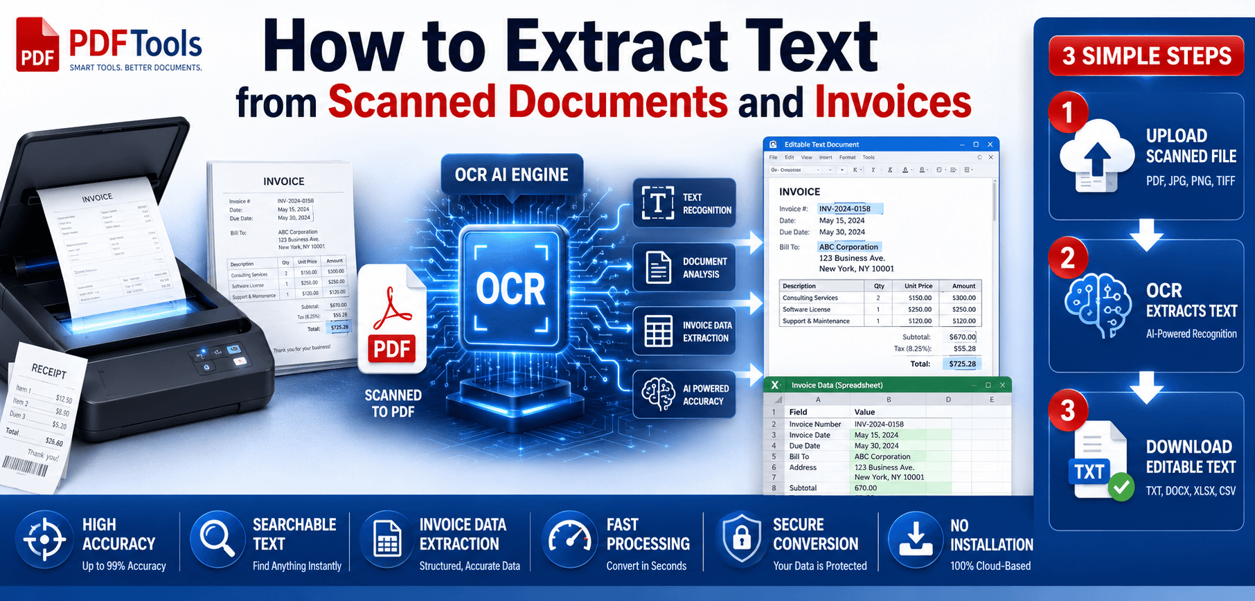 Digital scanner extracting text from a paper invoice